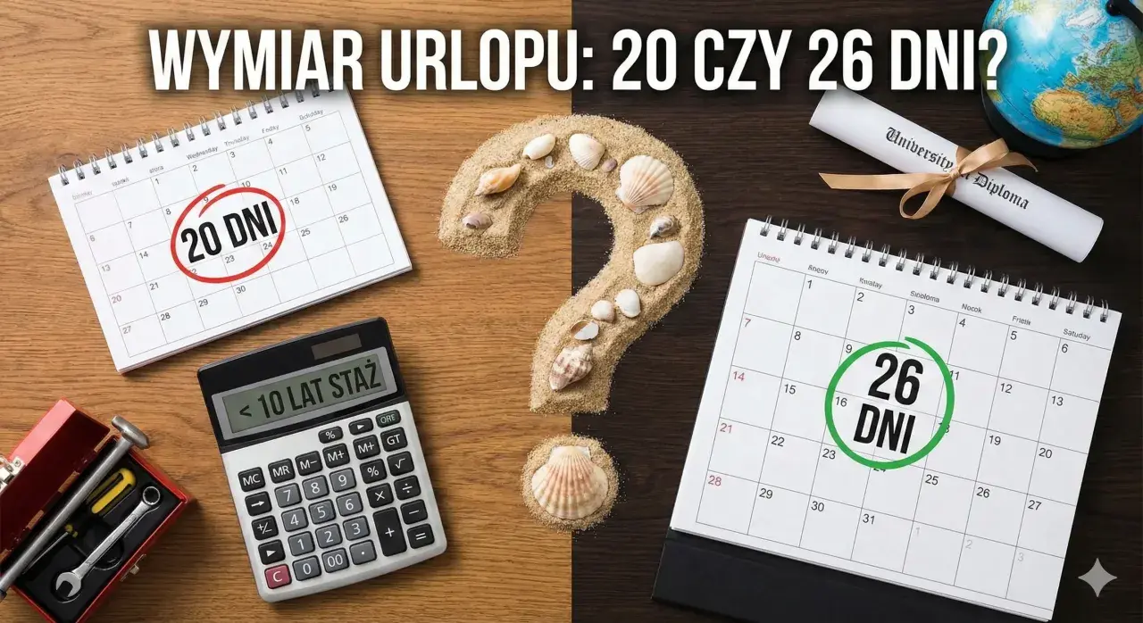 Kalkulator, kalendarze z zaznaczonymi 20 i 26 dniami urlopu, piasek z muszlami i dyplom. Ile dni urlopu przysługuje?