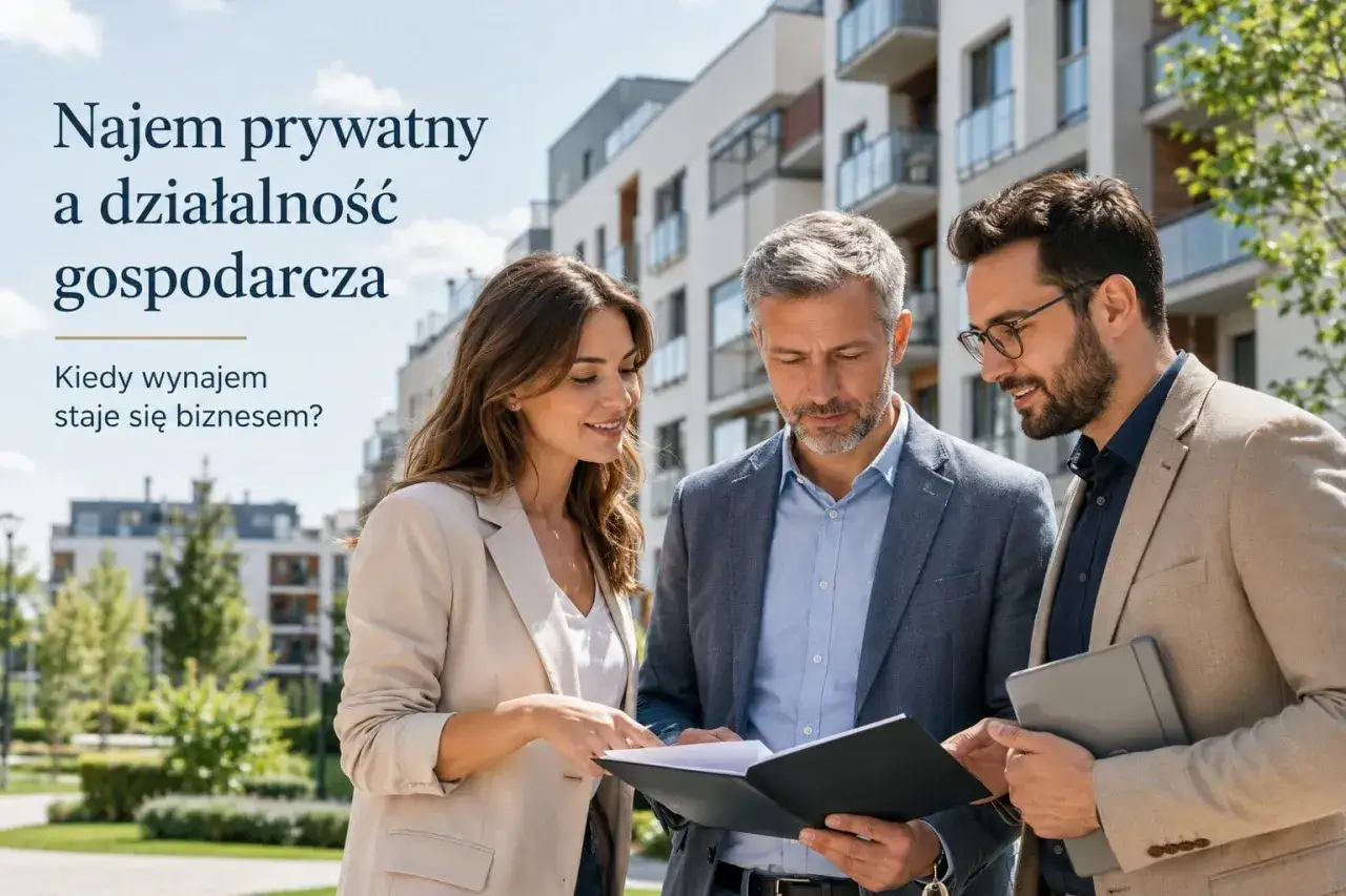 Trzy osoby omawiają dokumenty na tle nowoczesnych budynków. Dowiedz się, ile mieszkań można wynajmować bez działalności gospodarczej.