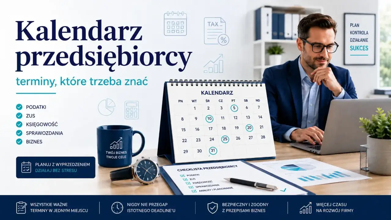 Przedsiębiorca planuje terminy, w tym do kiedy ZUS dla firmy jednoosobowej, korzystając z kalendarza i checklisty.