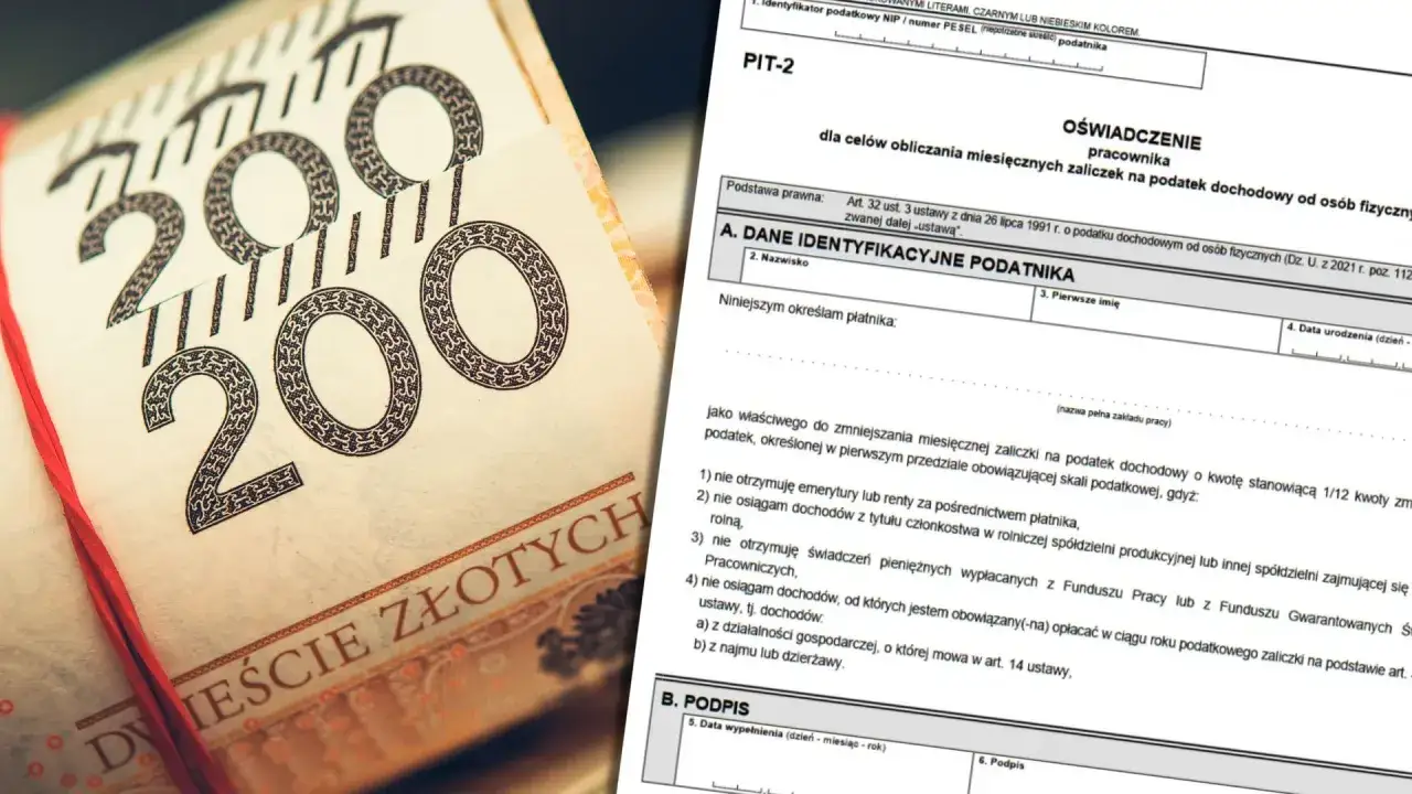 Plik PIT-2 obok stosu banknot&oacute;w 200 zł. Dokument dotyczy oświadczenia pracownika w sprawie zaliczek na podatek dochodowy.