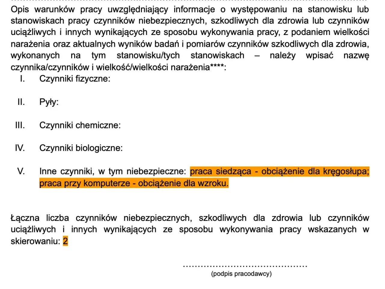 Formularz do badań okresowych pracowników, uwzględniający czynniki fizyczne, chemiczne, biologiczne i inne, np. praca siedząca obciążająca kręgosłup.