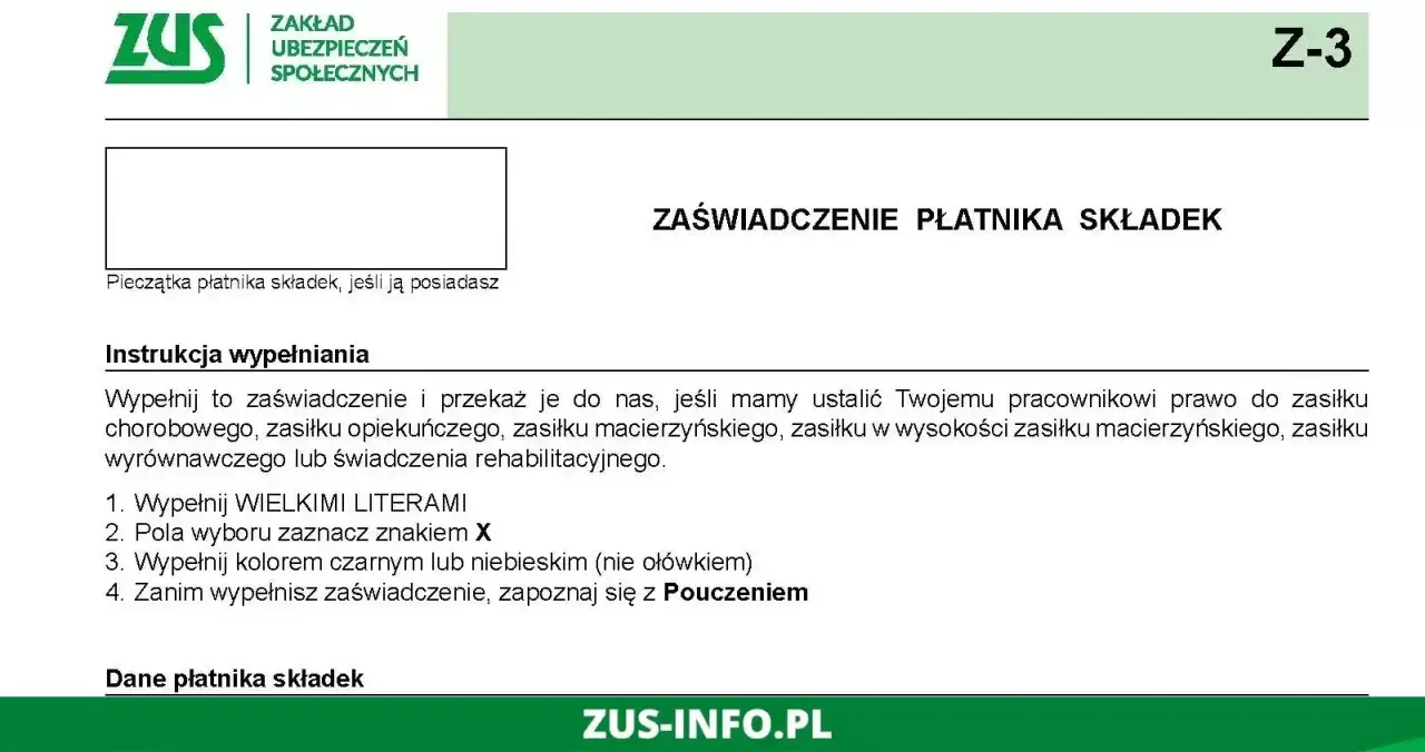 Zaświadczenie Z-3 ZUS, przykładowo wypełnione, zawiera instrukcje dotyczące ustalania prawa do zasiłk&oacute;w.