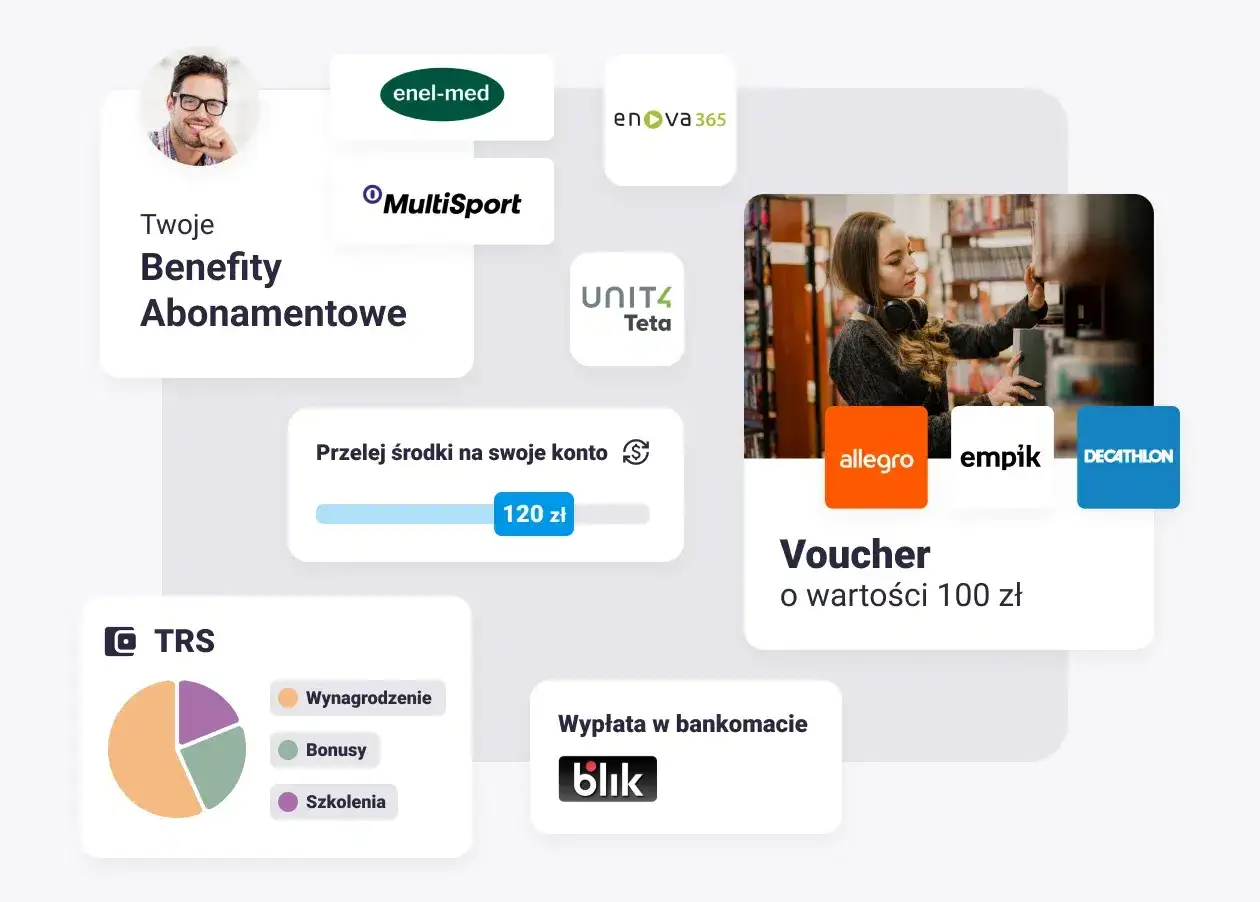 Zarządzaj swoimi benefitami i świadczeniami socjalnymi: Multisport, Enel-med, vouchery do Allegro, Empik, Decathlon. Przelew środk&oacute;w na konto.