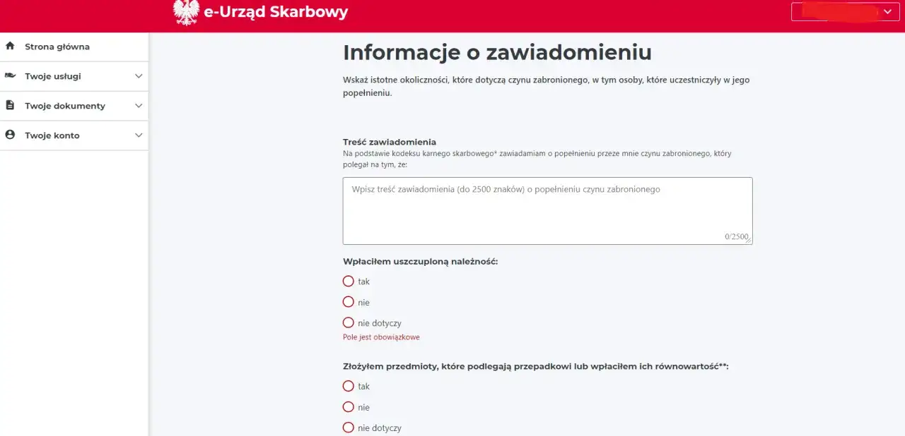 Formularz e-Urzędu Skarbowego do zgłoszenia czynnego żalu. Użytkownik opisuje popełniony czyn zabroniony i potwierdza wpłatę należności.